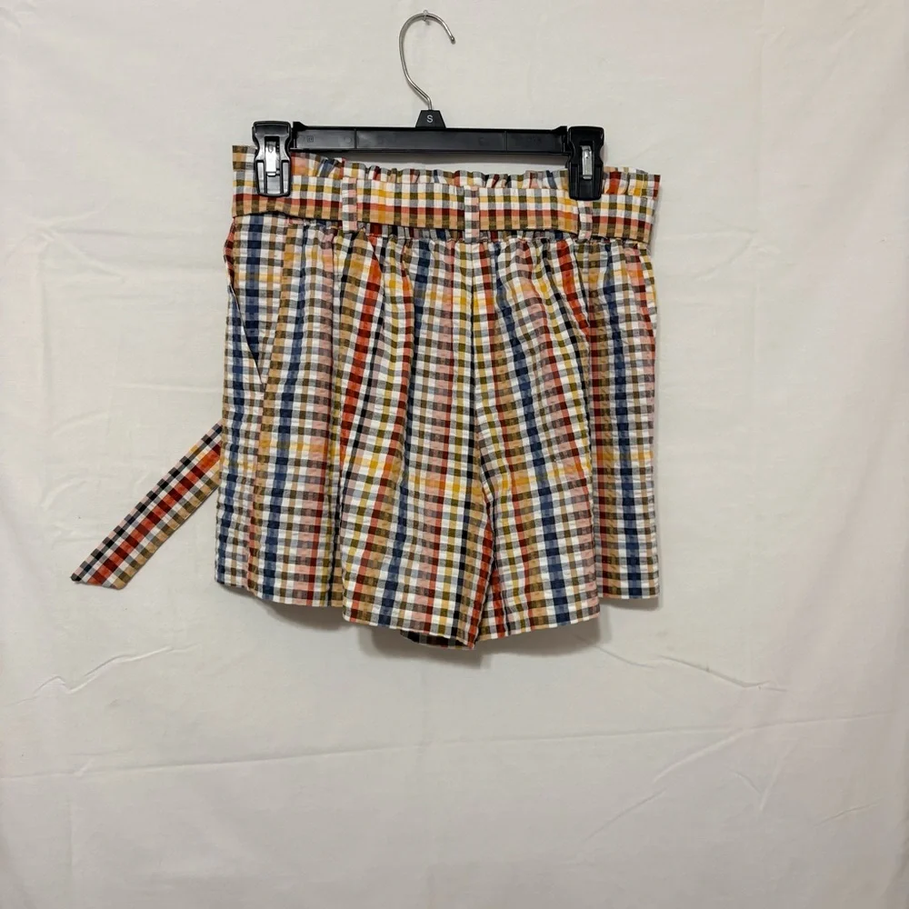 LOFT multicolored gingham plaid paperbag shorts with a tie waist.